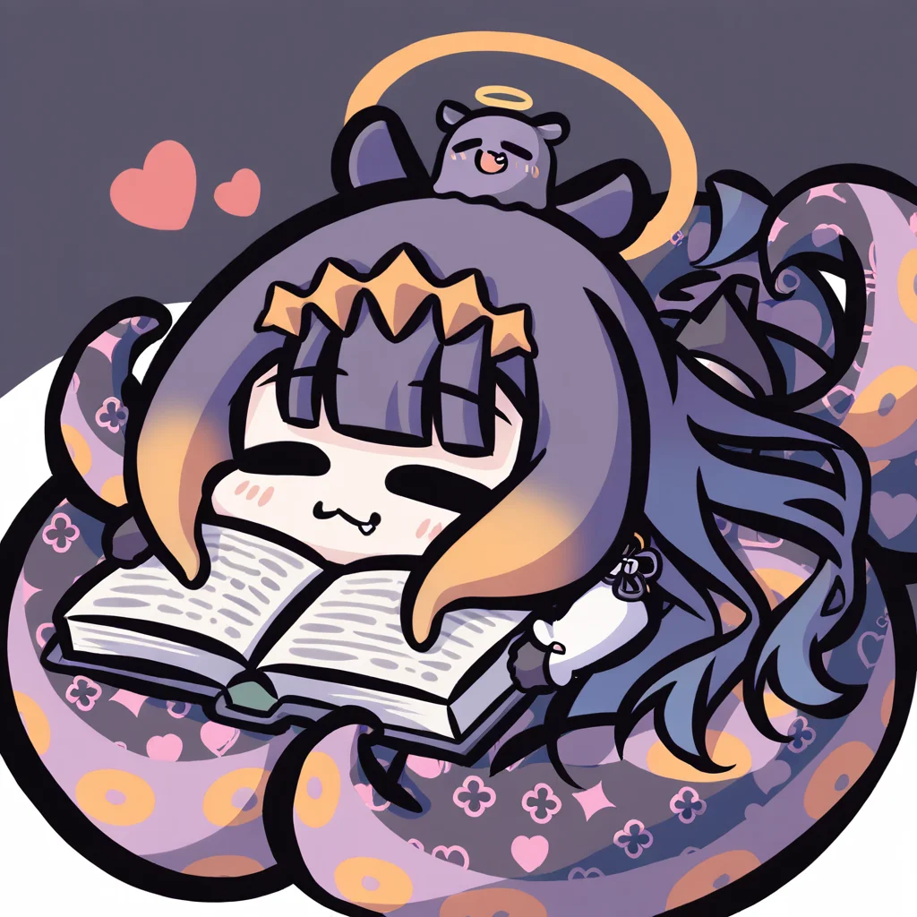 1girl, solo, long hair, smile, bangs, black hair, gloves, holding, very long hair, closed mouth, closed eyes, purple hair, heart, sidelocks, multicolored hair, lying, pointy ears, black gloves, fang, virtual youtuber, blunt bangs, chibi, orange hair, book, gradient hair, :3, halo, on stomach, tentacles, holding book, tentacle hair, open book, on head, ninomae ina'nis, takodachi \(ninomae ina'nis\),<lora:Kei_Style_noob-4:1>,