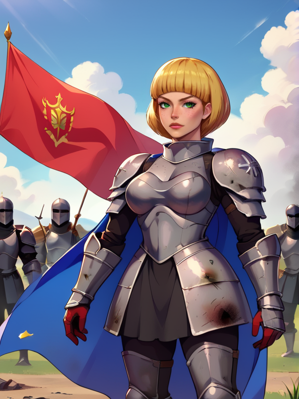 score_9, score_8_up, score_7_up, source_anime, very aesthetic, gorgeous art, BREAK, 1girl, <lora:zs_JeanneDArcXL:0.8>, solo focus, jeannesmt, knight, mature female, pores on skin, skin details, skin defect, standing, bruised, armored, armor, short hair, hime cut, blonde hair, freckles, hip, gloves, cape, armor plates, dirty, black thighhighs, thighhighs skindentation, dress leg cut, tall figure, tall female, large breasts, breast plate, at battlefield, army, banners, war, <lora:add-detail-xl:0.7>