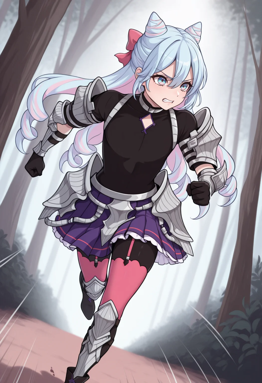 masterpiece, best quality, 1boy, running, clenched teeth, clenched hands, speed lines, <lora:RosadoFE-illu:1> dfR0s, light blue hair, cone hair bun, multicolored hair, pink hair, hair ribbon, pink ribbon, long hair, drill hair, hair between eyes, blue eyes, frilled skirt, short sleeves, multicolored eyes, pink eyes, otoko no ko, black bodysuit, diamond cutout, arm guards, vambraces, black gloves, faulds, purple skirt, pleated skirt, pink thighhighs, garter straps, knee pads, shin guards, black boots, ankle boots, high heel boots, forest, dynamic angle