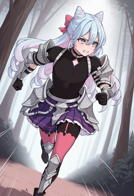 masterpiece, best quality, 1boy, running, clenched teeth, clenched hands, speed lines, <lora:RosadoFE-illu:1> dfR0s, light blue hair, cone hair bun, multicolored hair, pink hair, hair ribbon, pink ribbon, long hair, drill hair, hair between eyes, blue eyes, frilled skirt, short sleeves, multicolored eyes, pink eyes, otoko no ko, black bodysuit, diamond cutout, arm guards, vambraces, black gloves, faulds, purple skirt, pleated skirt, pink thighhighs, garter straps, knee pads, shin guards, black boots, ankle boots, high heel boots, forest, dynamic angle