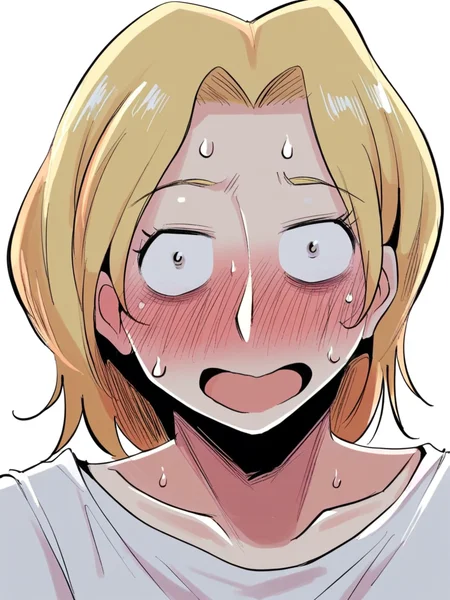 score_9, score_8_up, score_7_up,
1girl, sasaki hs, medium hair, parted bangs, medium breasts, mature female, blonde hair,
face, close-up, wide-eyed, open mouth, meme, full face blush, constricted pupils, looking at viewer, white background, t-shirt, sweat, nervous,