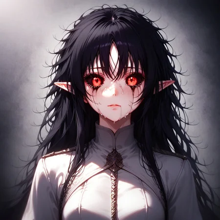 Drestoria-Style_V2, (masterpiece), (best quality), source_anime, perfect anatomy, digital_media_(artwork) hi_res, intricate, high quality, amazing quality, Highly Detailed, Perfect Face, elf, knight, ((red eyes, black sclera:1.4), black hair, messy hair, long hair, wild hair), semi-realistic, nose, detailed background, (full body, full body view), Purple Tears, ((Neutral Facial Expression, Bland Facial Expression), Bland Face, Neutral Face)