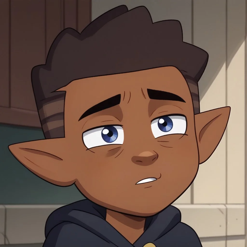 brown skin and dark brown hair with lighter shades, pointy ears, dark blue eyes,