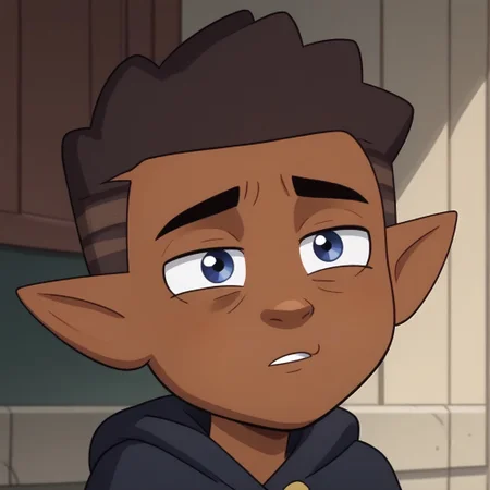 brown skin and dark brown hair with lighter shades, pointy ears, dark blue eyes,