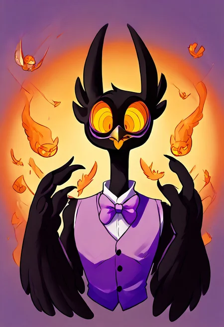 Barnaby, 1boy, yellow eyes, orange sclera, black body, long neck, feathers, bird feet, winged arms, bird tail, black beak, purple vest, sleeveless, purple bowtie, orange tongue, avian, furry, anthro, ghost, owl, spirit, digitigrade, no humans, perfect anatomy, solo, (insanely detailed, beautiful detailed face, masterpiece, cinematic lighting, detailed hands, detailed face, best quality), (sharp), score_9_up, score_8_up, score_7_up, score_6_up, highest quality, 8K, RAW photo, source_anime, perfect face, perfect hands, upper body, diives
