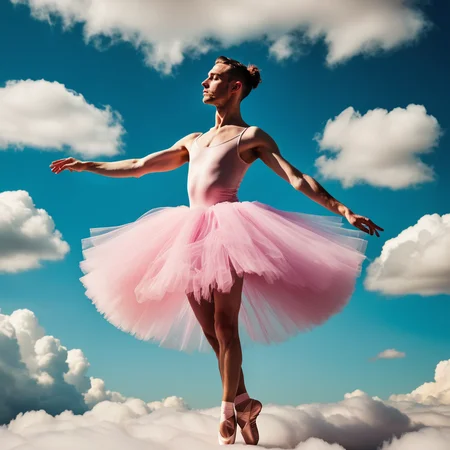 ethereal dreamlike photograph, achingly beautiful boyish adult wearing a tutu ballet dancing on a cloud, vividly queer, high saturation