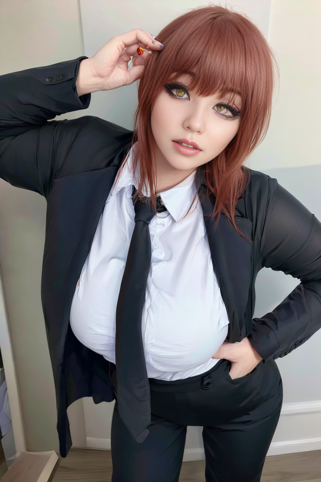 (view from bottom) woman Leaning forward with hands on knees, ((shirt, tie, pants):0.5) (detailed realistic face), (((hyperdetailed))), zoomed out, symmetrical face, detailed pupil, expressive eyes, makeup, real photography, modern look, Real photography (Realisitc:1.5)  <lora:EdobMakima_v1.0:0.8>  <lora:AlenkaPelenka_v1.0:0.5>