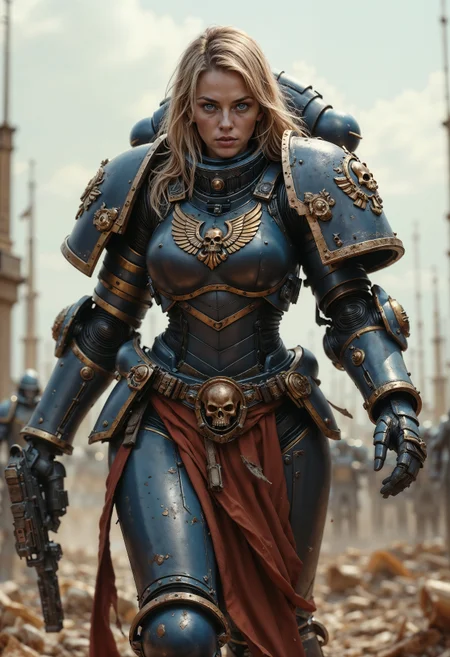 ultra realistic woman wearing UltraM40k armor walking in a battlefield <lora:FluxUltraM40k:0.9>