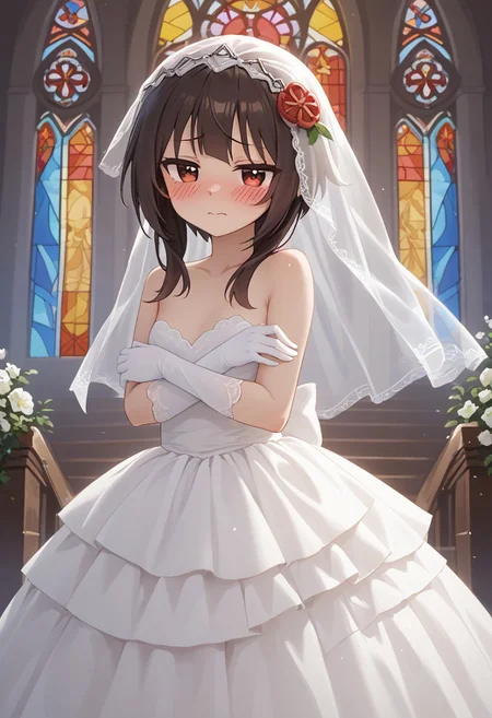 , stained glass,  church,altar,, seductive look, narrowed eyes, blush  ,  <lora:Megumin_V2_Pony:0.8> Meguminn,:short_hair,1girl, sidelocks, brown_hair, red_eyes, small_breasts , <lora:Bridal_Dress_Pony:0.8> wedding dress embarrassed,, bridal veil, , flower, , gloves,, score_9, score_8_up,score_7_up,score_6_up,