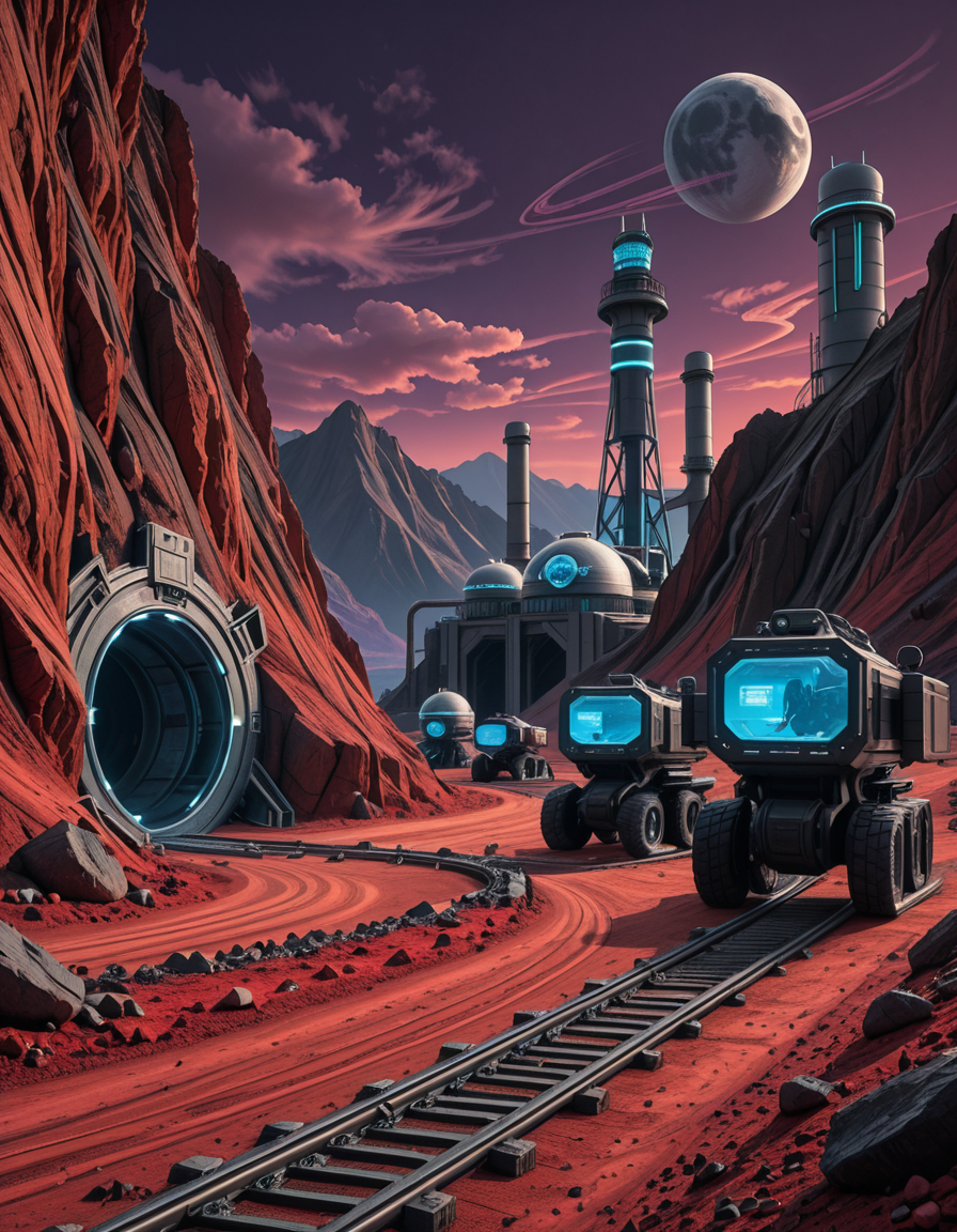 A futuristic mining outpost on a distant, rocky planet with a harsh, alien landscape. The mine entrance is a massive, reinforced metal tunnel carved into the side of a jagged, dark-red mountain. Advanced, glowing blue energy lights line the entrance, illuminating the metallic tracks that lead deep underground. Large, heavily-armored mining vehicles with mechanical arms and drills are stationed nearby, extracting rare minerals from the rock. The ground is covered in fine, reddish dust, kicked up by the movement of autonomous robotic drones that transport ore to a towering industrial refinery in the background. The sky is a deep, dark purple with swirling clouds and two distant moons casting a cold, eerie glow. In the distance, futuristic habitation domes with transparent walls house workers in protective exosuits, their silhouettes visible inside. A neon-lit control tower monitors operations, its holographic screens displaying real-time data. The atmosphere is both desolate and technologically advanced, evoking a sense of exploration and survival on the edge of the galaxy.
<lora:SDXLFaeTastic2400:0.4> <lora:extremely_detailed:0.4> extremely detailed,futuristic mining 0utp0st, <lora:futuristic_mining_0utp0st-i:1>, Masterpiece,best quality,hi res,8k,hi res,8k,award winning,(sharp focus, intricate, highly detailed),