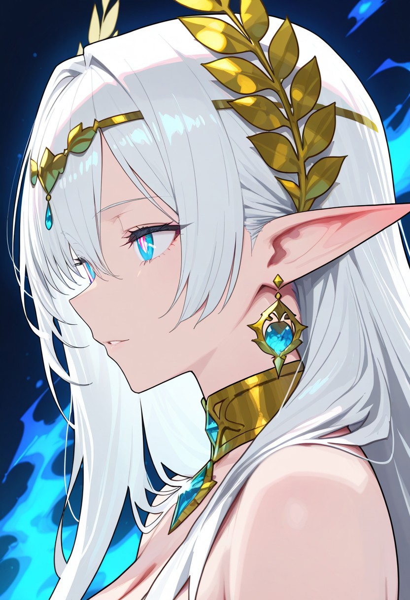 (masterpiece), (best quality), (ultra-detailed) A stunning silver-haired female elf with striking blue eyes, elegantly adorned with a golden laurel headpiece, intricate gemstone jewelry, and a finely crafted choker. She has delicate, ethereal features and a serene expression, embodying grace and mystique. Her long, flowing hair frames her face, Detailed eyes, color flaming eye, color eye trail, colourful eyes detailed beautiful eyes, very high resolution eyes, black pupils, detailed beautiful eyes, sharped sightings, Light particle, medium shot, 70mm film, gorgeous lip, soft lips, detailed lips, glossy lips, and her pointed ears are adorned with gold and blue crystal earrings. an elegant face, The background is a soft, pure white with gentle green leaves floating around, adding a sense of natural harmony. Rendered in a high-quality anime art style with fine details, soft shading, and a refined color palette, the portrait captures an enchanting fantasy aesthetic in a close-up, side-profile composition.