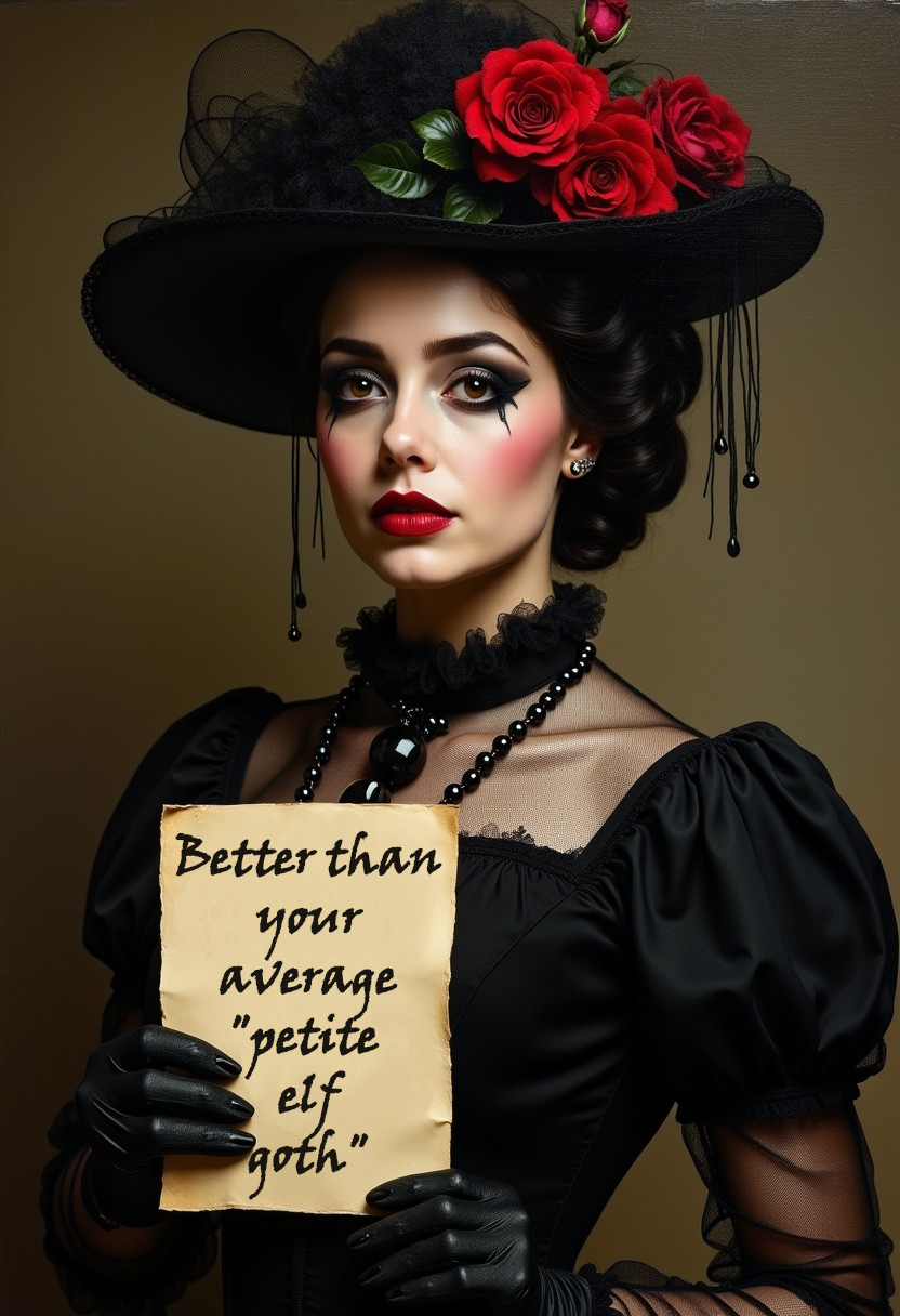 front view, closeup,
Renaissance oil paint portrait of woman with black makeup, red lips, wearing Victorian black dress, black gloves, black hair, black fashion hat with fishnet and red roses, 
(holding a paper with bold text "Make Victorian goth girls great again" :1.3), 
(by Delacroix:1.2)