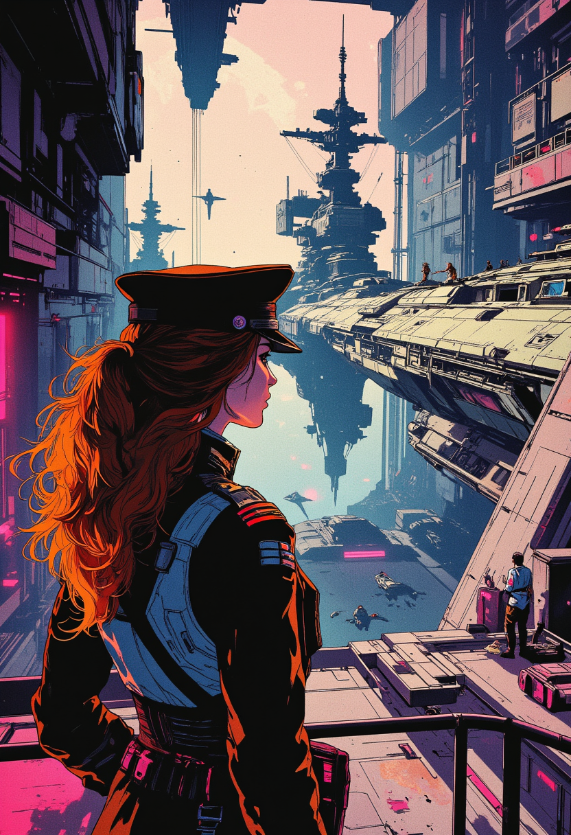 Image is an extreme wide angle shot digital fantasy artwork featuring a beautiful woman looking down at an epic futuristic space port. She's wearing a military dress uniform with a military cap and decorations on her shirt. There are tassles and holsters on her uniform signifying her rank as an admiral. She's up above on a walkway looking out. Inside the space dock there are large capital space ships with many guns. They dwarf everything around them. In the background is crew, repair men, hover craft, robots, space ships. bright neon, contrast, <lora:RetroAnimeFluxV1:0.5> <lora:RM_Illustrify_v1.0MFLUX:0.65> <lora:aidmaMJ6.1-FLUX-v0.4:0.3>