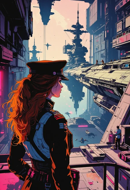 Image is an extreme wide angle shot digital fantasy artwork featuring a beautiful woman looking down at an epic futuristic space port. She's wearing a military dress uniform with a military cap and decorations on her shirt. There are tassles and holsters on her uniform signifying her rank as an admiral. She's up above on a walkway looking out. Inside the space dock there are large capital space ships with many guns. They dwarf everything around them. In the background is crew, repair men, hover craft, robots, space ships. bright neon, contrast, <lora:RetroAnimeFluxV1:0.5> <lora:RM_Illustrify_v1.0MFLUX:0.65> <lora:aidmaMJ6.1-FLUX-v0.4:0.3>