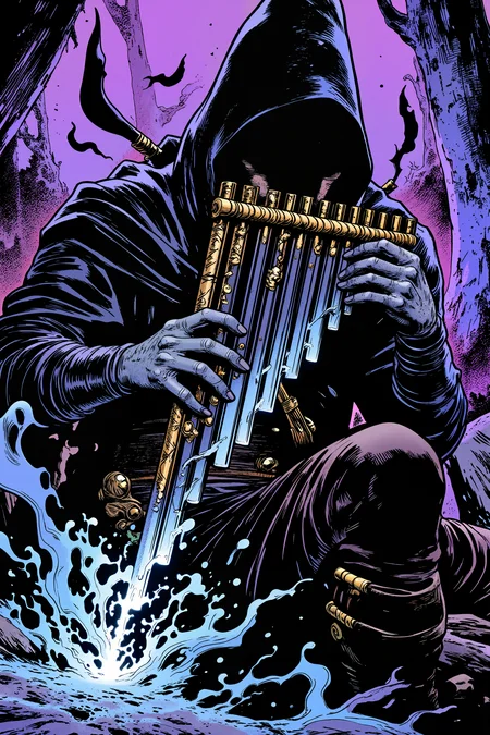 A shadow elf assassin plays a panflute crafted from darkness and starlight. The pipes are made of obsidian and captured moonlight, creating a silvery-black instrument. Tiny shadow creatures form and dissolve with each musical phrase. The panflute seems to absorb light around it, creating a void of silence and music. Ghostly musical notes float around the musician. , detailed background Fantastic lighting. Detailed shadows.intricate details, vivid colors, hyper-detailed, ultra-sharp, <lora:PANFLUTE_FLUX>, ,meiman_style,This is a retro comic book style digital illustration, <lora:meimanstylev2:0.4><lora:Vintage comic book:0.4><lora:RetroAnimeFluxV1:0.15><lora:Greg_Capullo_style:0.4><lora:jeanClaude_Mzires_Style_FLUX-000001:0.4><lora:Flux_Ink_Anime:0.4>