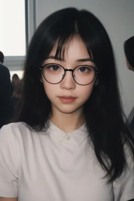 1girl with glasses, realistic, Analog style, 8mm film, chromatic aberration, Dvd screengrab, 80s movie, cinematic lighting, Yumi tsu, Live portrait photography, Contemporary photography, in the style of gothic dark intensity, snapshot aesthetic, light black, chinapunk, slender, karencore, high details, realsitic shadow, in motion, realistic, glasses, looking at viewer, green hair, multicolored hair, two-toned hair, lips, good hands, best hands, perfecteyes eyes