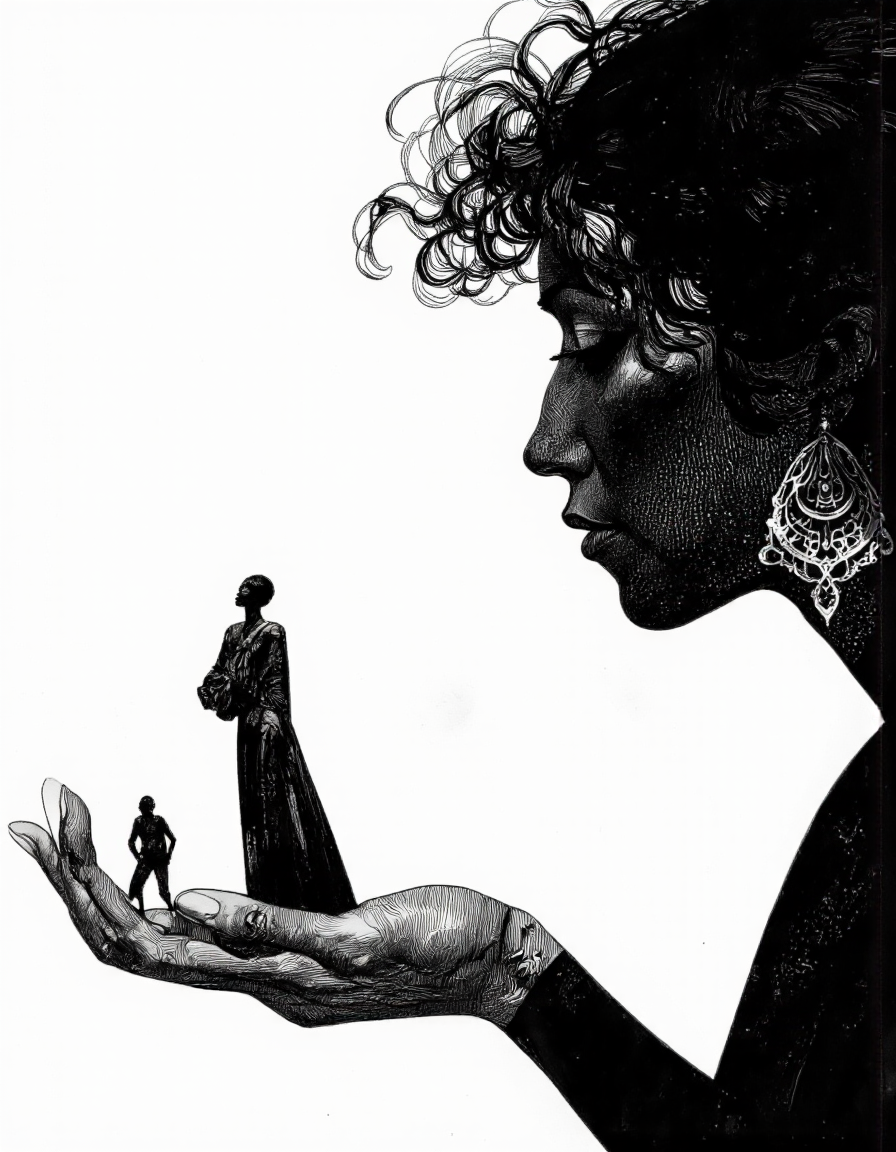 Art by Sergio Toppi. A black and white, monochrome illustration from a profile camera angle about a stylized silhouette of a woman with curly hair, holding a small figure in her hand. the woman, who appears to be in her mid-twenties, is positioned in the middle of the image, with her upper body facing the viewer and her eyes closed. she is wearing large, ornate earrings and has a contemplative expression on her face. on the left side of the woman's hand, a small, dark-skinned figure is standing, looking up at her. the figure is not visible in detail, but it is positioned on the lower part of her body. the background is plain white, and the overall style is reminiscent of monochromatic illustrations.