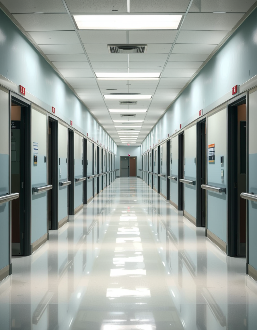 A long, sterile hospital corridor with bright white walls and a polished, reflective floor. The fluorescent ceiling lights cast a cold, clinical glow, emphasizing the cleanliness of the space. The hallway is lined with closed patient rooms, each marked with a small number plate. Stainless steel handrails run along the walls, and a few medical carts are neatly parked near the side. The corridor appears empty, creating a sense of stillness and anticipation. At the far end, a set of double doors with small glass windows leads to another section of the hospital. The atmosphere is quiet, professional, and highly sanitized, evoking a sense of order and precision.
<lora:SDXLFaeTastic2400:0.4> <lora:extremely_detailed:0.4> extremely detailed, <lora:sterile_hospital_c0rr1d0r:1>,sterile hospital c0rr1d0r, Masterpiece,best quality,hi res,8k,hi res,8k,award winning,(sharp focus, intricate, highly detailed),