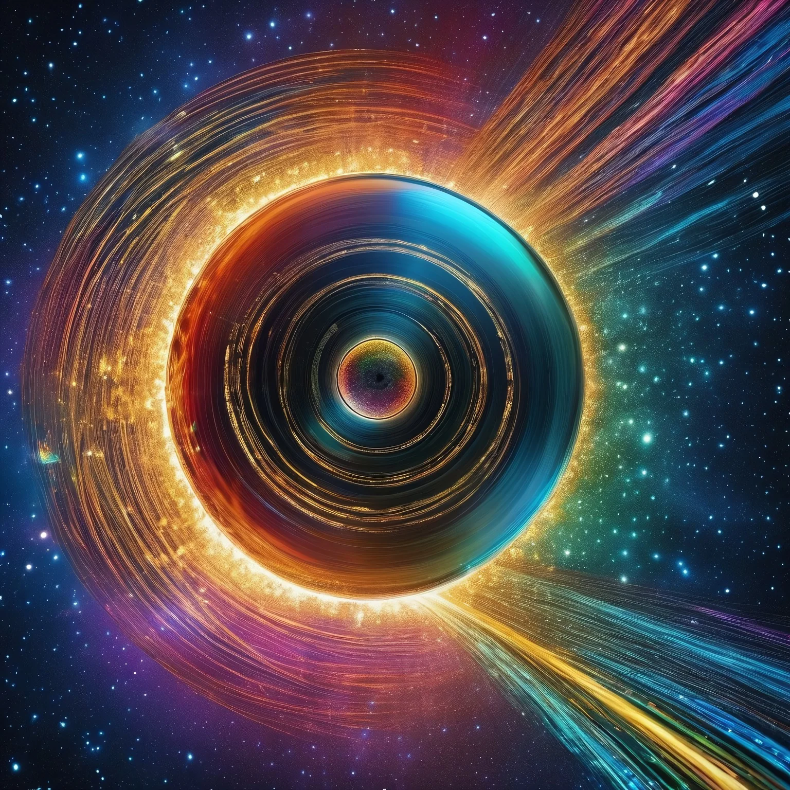 cosmic spacetime abstract concept art with shiny metallic iridescent rainbow particles of light, etched pitted, solar eclipse, planets made of cd's orbiting around over
BREAK
huge vinyl_LP with solar flare over background grooves etched in universal vinyl LP_record Oort-Cloud, in background of infinite tangled unwound tape-casette-spool of spacetime, within black void, high-resolution