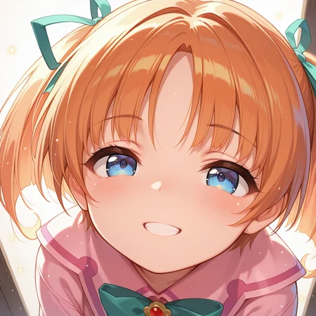 <lora:IL_nene_hampden_Tristia_of_the_Deep-Blue_SeaNeosphere_of_the_Deep-Blue_Sky:1>,tri_nn,nene hampden,orange hair,long hair,blue eyes,twintails,hair ribbon,
nene imperial uniform,sleeves past wrists,bowtie,
1girl,solo,dutch angle,foreshortening,upturned eyes,looking up,(face close up, zoom in:1.5),with a golden hue,backlighting,light particles,smile,half-closed eyes,teeth showing,blush,high angle,, masterpiece,amazing quality,best quality,ultra-detailed,8K,illustration,CG,shiny hair,clear skin,<lora:boleromix pony_illustrious_V1.1:0.6>,