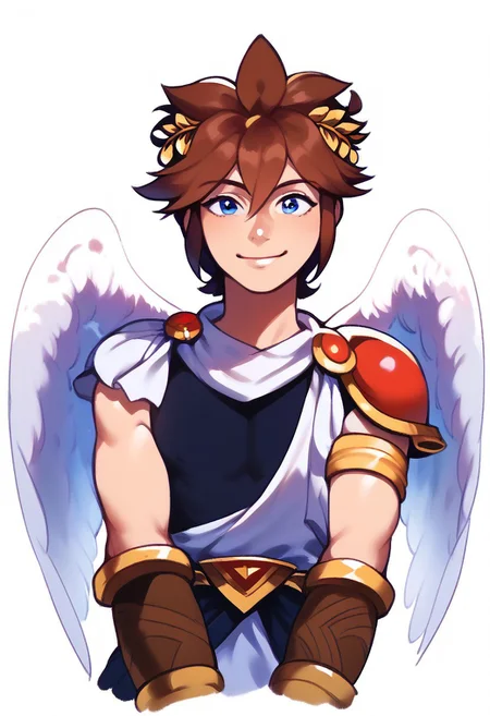 score_9, score_8_up, score_7_up, ExpresHGothicNeonIncase, masterpiece, solo, 1boy, mature man, adult, pitt, brown hair, blue eyes, wings, angel wings, laurel crown, bracer, looking at viewer, upper body shot, dorky smile