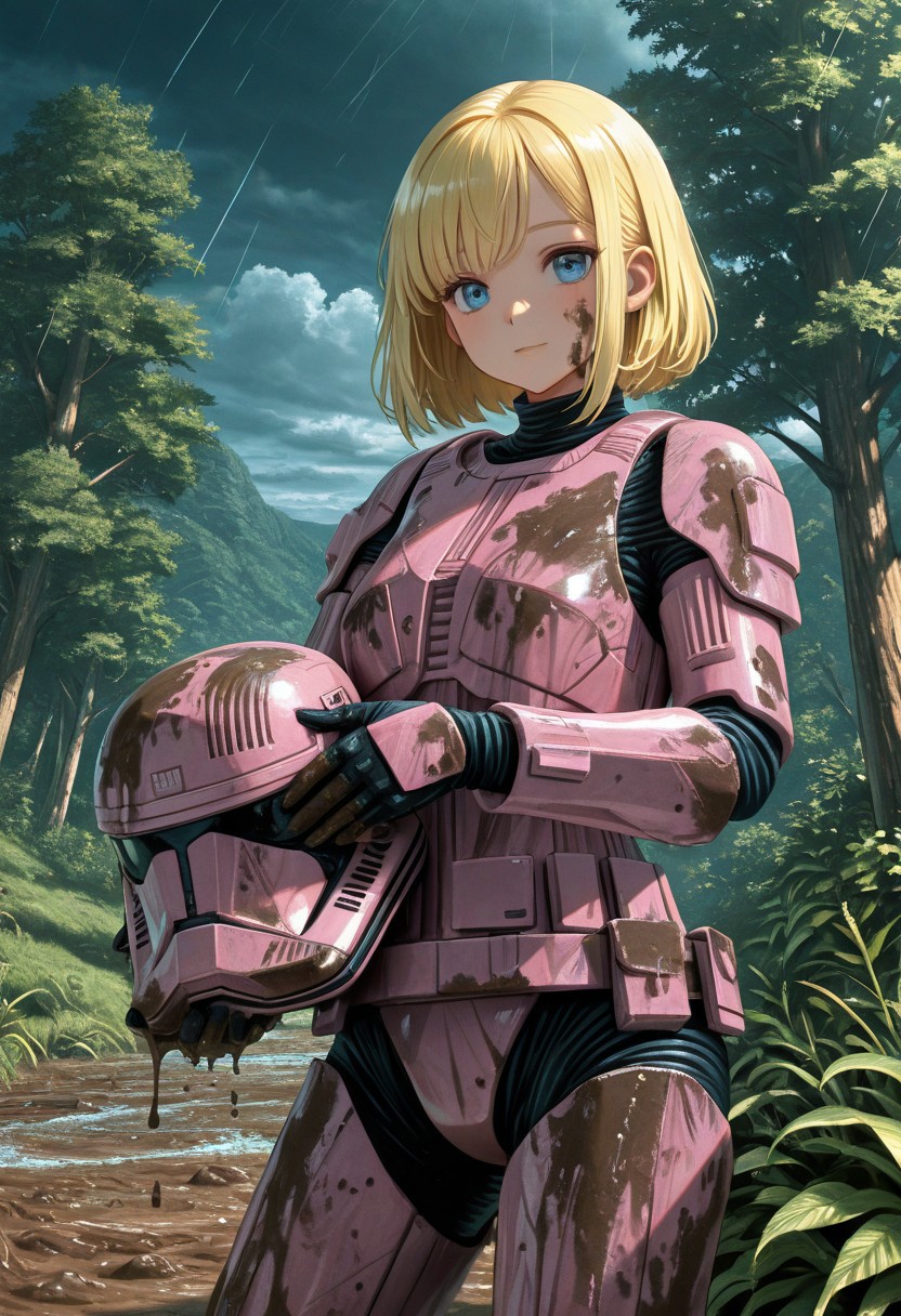 detailed background, cowboy shot, solo, 1girl, SithTrooper, pink armor, female human, blonde hair, smile, Star Wars forest scenery, storm, at night, mud on armor, ((holding helmet in hand)), detailed scenery, masterpiece, best quality, very aesthetic, newest, masterpiece, best quality, amazing quality, very aesthetic, absurdres, newest,, high res, ultra detailed, best quality, best artwork, 4k, ultra quality, perfect face, absurdres,masterpiece,best quality,amazing