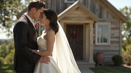 Candid photography of a couple embracing and kissing in front of a charming country chapel. The bride is wearing a stunning white wedding dress with intricate lace details with jet black hair, and the groom is dressed in a classic black tuxedo. They are standing in front of the small, wooden chapel on a sunny day. The bride's arms are crossed in front, and the groom's hands are gently placed on her waist. The soft sunlight illuminates the scene, creating a romantic and joyful atmosphere. The chapel and nature surrounding them add to the peaceful and loving moment. <lora:Sherry-00:1><lora:SelestaFlux1:1>