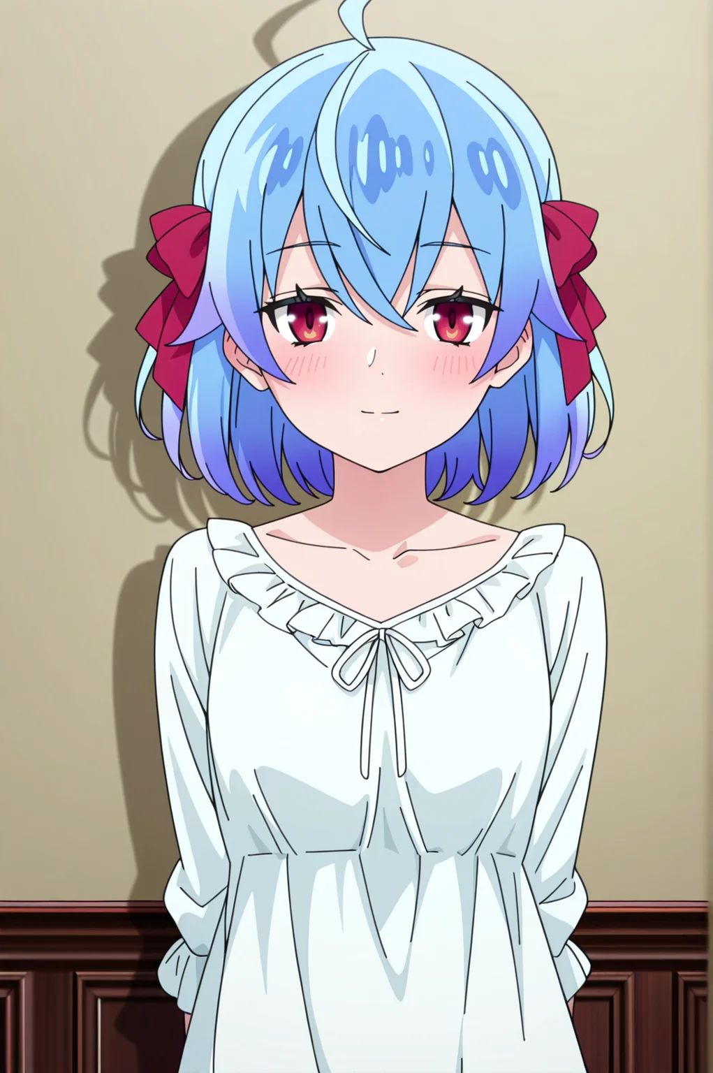 masterpiece, best quality, absurdres, highres, very aesthetic, very awa, BREAK, anime coloring, anime screencap,
<lora:ruti_ragnason_v1-illustrious:1>, 1girl, ruti ragnason, shin no nakama, red eyes, blue hair, ahoge, short hair, hair bow, red bow,
BREAK, looking at viewer, light smile, blush,
BREAK, rutjamas, pajamas, collarbone, white dress,