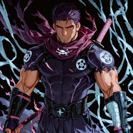 <lora:Jin_Alchemist_Code-000003:.7>, tagatamejin, 1boy, dark purple hair, spiked hair, pink eyes, solo, male focus, manly, bara, muscle body, mature male, ninja, scarf, emblem on neck, shirt, bandages, torn cloth, katana, rune, armor, pants, boots,
cowboy shot,
(very short hair, beard, bara, mature, facial hair, stubble, beard, full beard, sideburn, beard, a lot of beard, ), facial hair,male focus, muscular male, muscular male, bara, mature,  bara, mature, aixiwuganda_(20222192), very awa, masterpiece, best quality, absurdres, newest, perfect quality, detailed background, intricate details,
<lora:slider_Body Type_alpha1.0_rank4_noxattn_last:3><lora:Anime Summer Days 2 Style SDXL_LoRA_Pony Diffusion V6 XL:.6><lora:slider_cfg_scale_boost:.7><lora:Artist6p:.55>, Artist6p, Artist04p,<lora:slider_il_brightness_slider_d1:-1><lora:slider_il_contrast_slider_d1:-1><lora:slider_DarkSlider1.2_alpha1.0_rank16_full_300steps:-.6><lora:slider_contract_controller_illus01_v1:.5>,