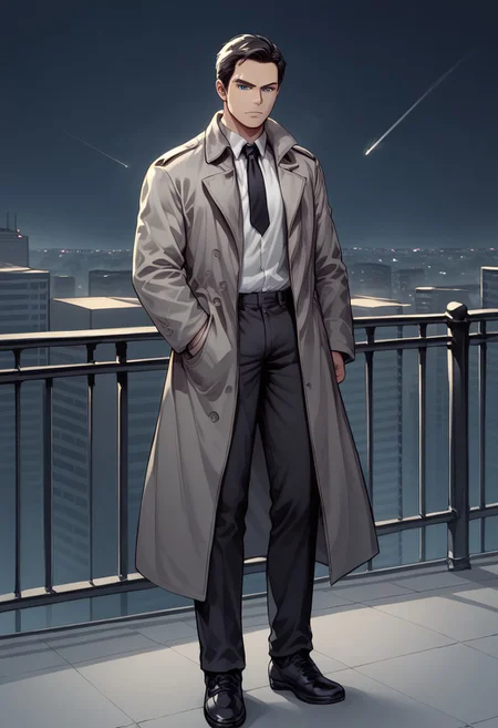score_9, score_8, score_7, (city background), night, dramatic light, sketch, 1man mature, blue eyes, black trenchcoat, grey coat, black tie, white shirt, black pants, black shoes, irritated, hold a gun, aiming the viewer