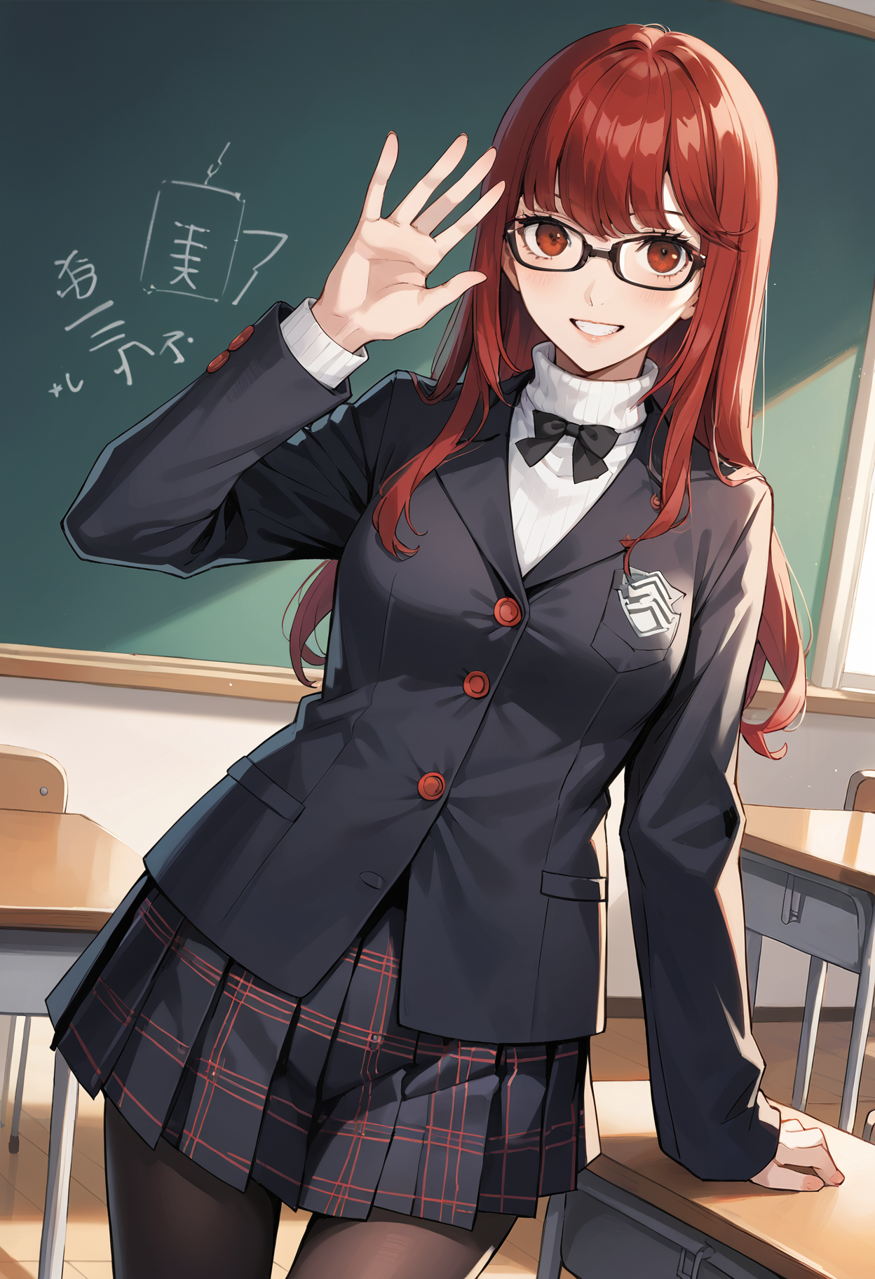 score_9, score_8_up, source_anime
1 girl, solo, cute face,
p5yoshizawa, long hair, red hair, hair down, bangs, glasses, black-framed eyewear,
p5yoshizawa-winuni, school uniform, white turtleneck, black bowtie, black jacket, school emblem, red buttons, plaid skirt, pleated skirt, black pantyhose, shuujin academy school uniform,
classroom, standing, looking at viewer, smile, teeth, waving
masterpiece, best quality, ultra detailed,