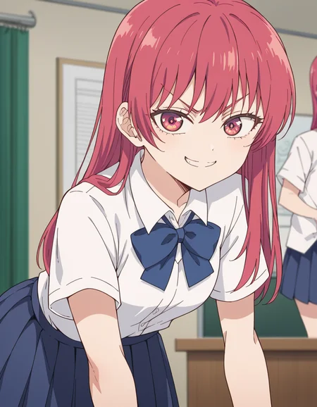 score_9, score_8_up, score_7_up, source_anime, <lora:saki-saki-s2-ponyxl-lora-nochekaiser:1>, saki saki, long hair, bangs, red eyes, red hair,, skirt, shirt, bow, school uniform, white shirt, short sleeves, pleated skirt, bowtie, blue skirt,, indoors, bent over, smile, smug, looking at viewer, solo,, cowboy shot, dutch angle