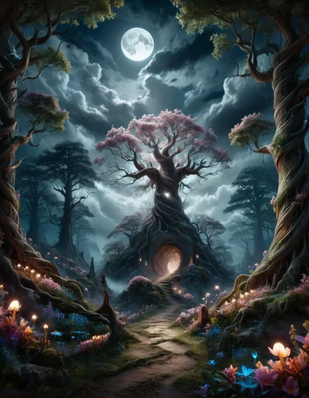 A mesmerizing mythical nightscape featuring a dark, cloudy sky with a full moon casting eerie shadows. In the foreground, a towering tree with twisted branches and glowing flowers illuminates the mysterious path ahead <lora:ral-fntsyrlms-sdxl:1> ral-fntsyrlms