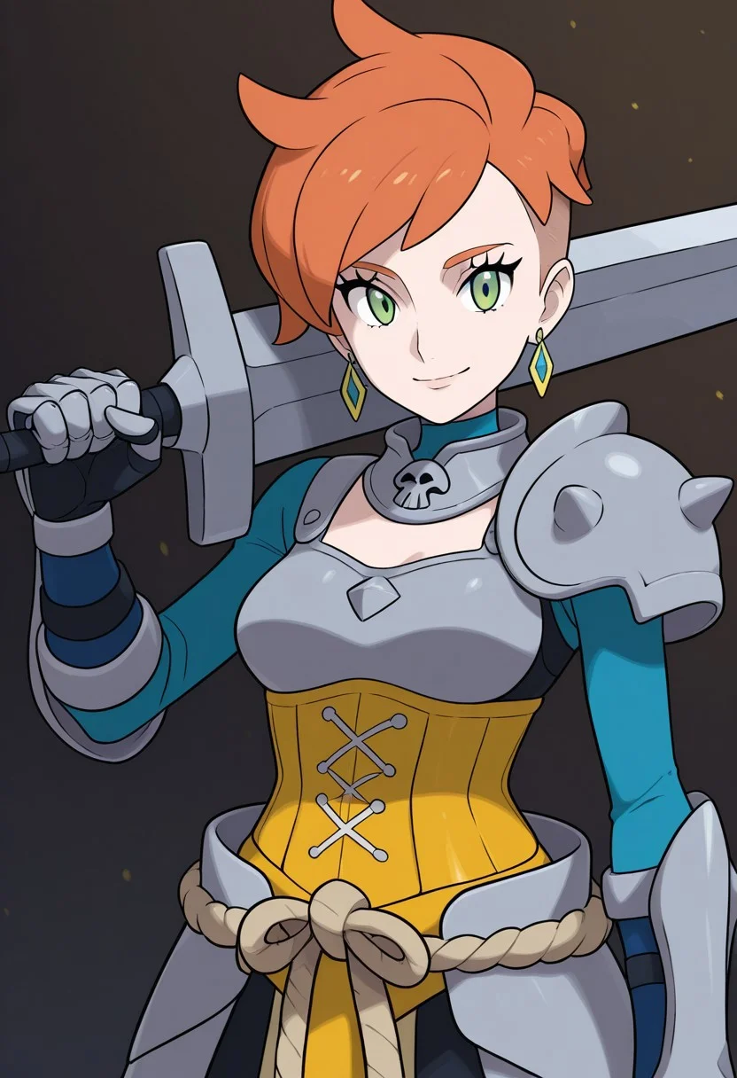 sugimorixd,
1girl, solo, undercut, smile, earrings, jewelry, breasts, upper body, orange hair, short hair, green eyes, closed mouth, shoulder armor, single pauldron, medium breasts, grey armor, blue sleeves, yellow corset, looking at viewer, holding, armor, weapon, long sleeves, skull, standing, sword, holding weapon, gauntlets, over shoulder, sword over shoulder, weapon over shoulder, rope, rope belt, arm armor, gorget, underbust, corset, kote, eyelashes, clenched hands, faulds