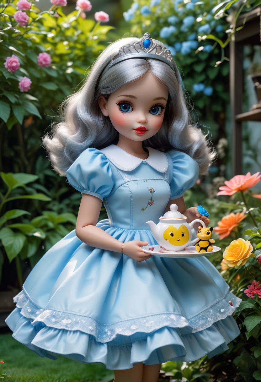 (medium full shot) of (adorable doll)  dressed in a baby blue princess dress, mary janes, glossy lips, carrying a small plush toy, having a tea party, located in  a vibrant garden, with lively flowers, colorful plants, playful squirrels, cheerful bees, in the morning, ,Masterpiece,best quality, raw photo, realistic, very aesthetic, dark