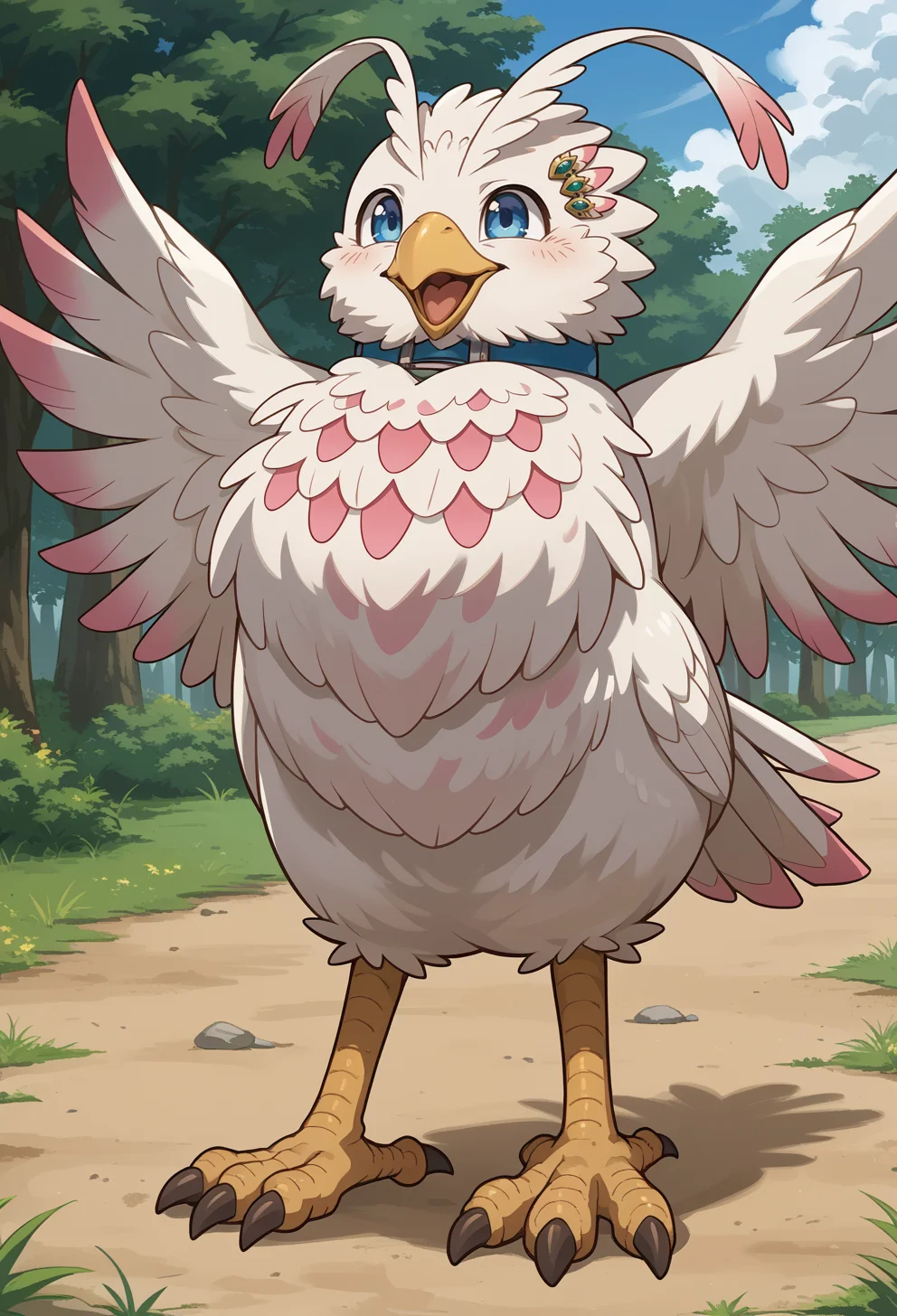 score_9, score_7_up, source_anime, <lora:AEFiloPony:0.8> BREAK
AEFiloBird, animal, beak, bird, blue collar, blue eyes, hairclip, talons, white feathers, wings, happy, open mouth, full body, outdoors, outstretched wings,