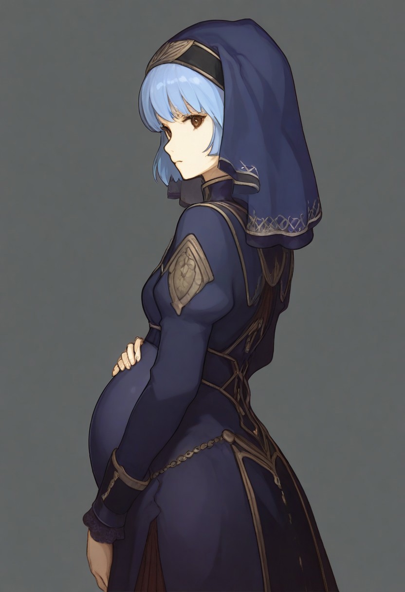 score_9, score_8_up, score_7_up, detailed, 
, clothed, pregnant, 
<lora:FE_Echoes_Shadows_of_Valentia_-_ArtStyle:1>, FE-Sh4d0ws, 1girl, solo, looking at viewer, short hair, simple background, long sleeves, white background, dress, brown eyes, blue hair, standing, upper body, looking back, from behind, veil, masterpiece, best quality, amazing quality, masterwork, cinematic light, harsh shadows, light and shadows, perfect composition ,