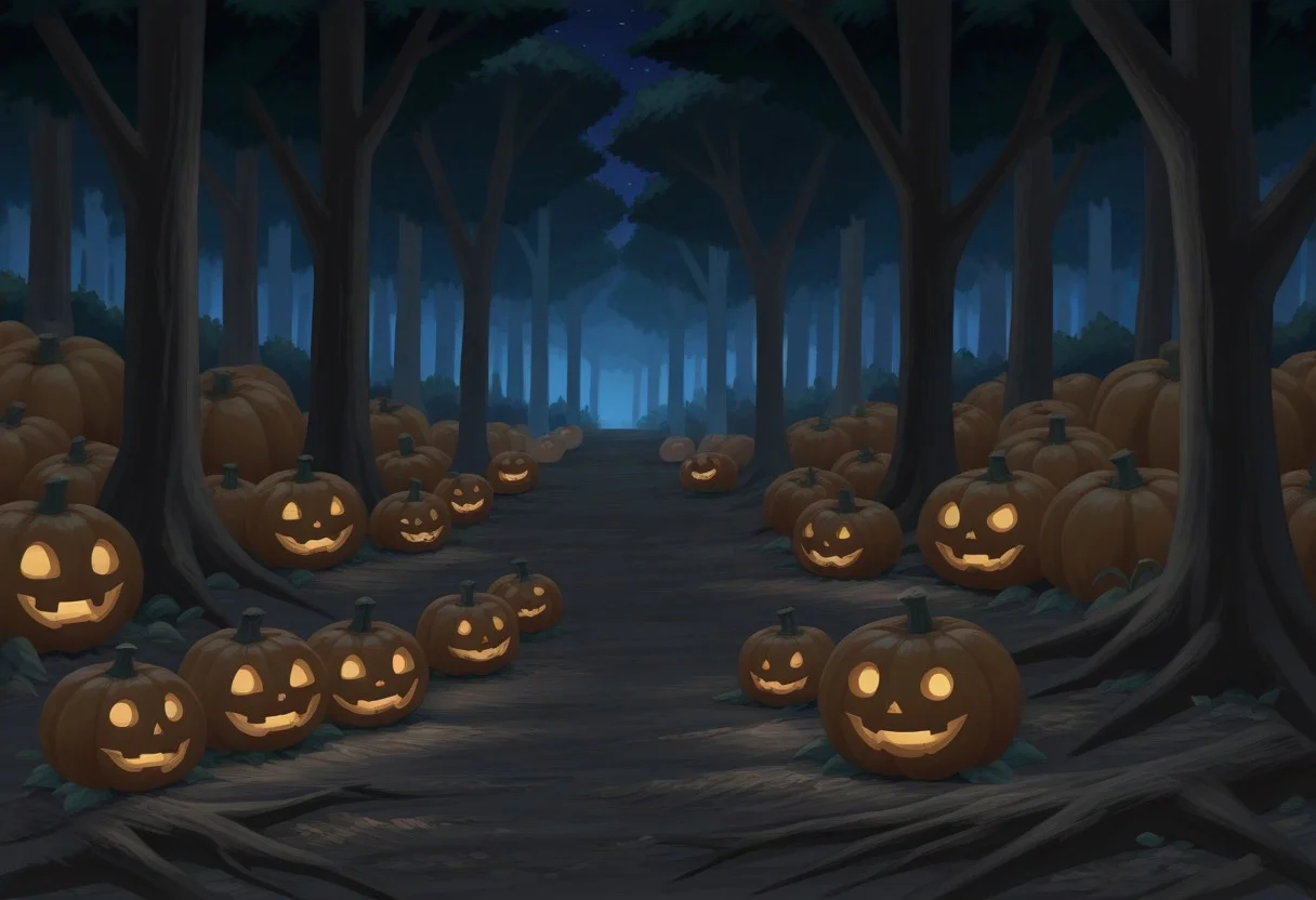 best quality, masterpiece, amazing quality, very aesthetic, absurdres,
no humans, outdoors, landscape, night, dark, forest, dead trees, pumpkin