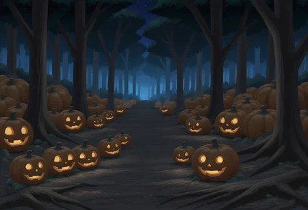 best quality, masterpiece, amazing quality, very aesthetic, absurdres,
no humans, outdoors, landscape, night, dark, forest, dead trees, pumpkin