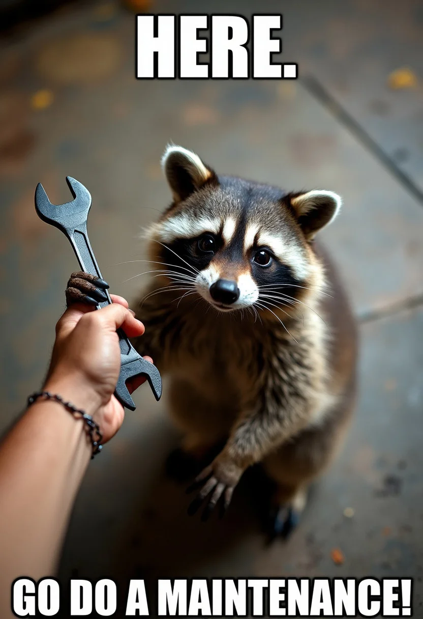 go do a crime meme, top view, pov, arm handing standing racoon a wrench, title text "HERE. GO DO A MAINTENANCE!"
