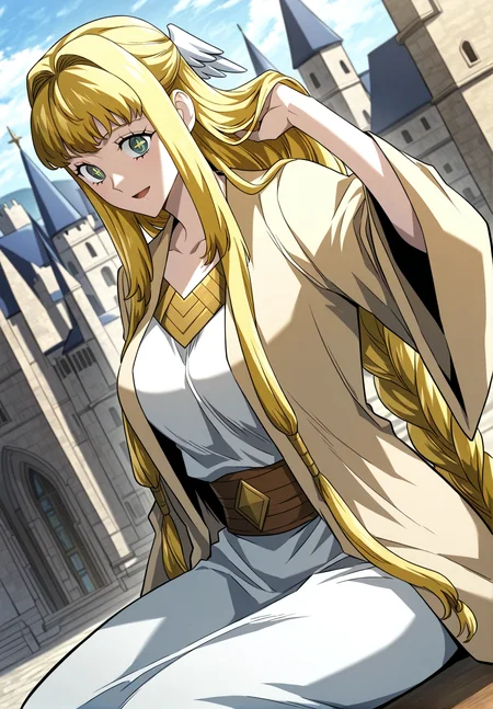 <lora:Dolores_Quovadis__Revenge_of_the_Iron-Blooded_Sword_Hound__Illustrious:1>
Dolores_Quovadis, 1 girl, solo, long hair straight hair, blonde hair, thick braid, long braid, straight fringe, wing hair ornament, green eyes, cross pupils, <lora:DetailedEyes_V3:1>,
Dolores_Quovadis_priest, beige outer robe, wide sleeves, brown waist sash, golden neckline detail, side braids, priestess outfit,
score_9, score_8_up, score_7_up, very aesthetic, source_anime, detailed, high quality, beautiful, masterpiece, detailed eyes, castle, village, blurry background, cityscape, pose dynamic angle, light smile, open mouth, hand on hair, sitting