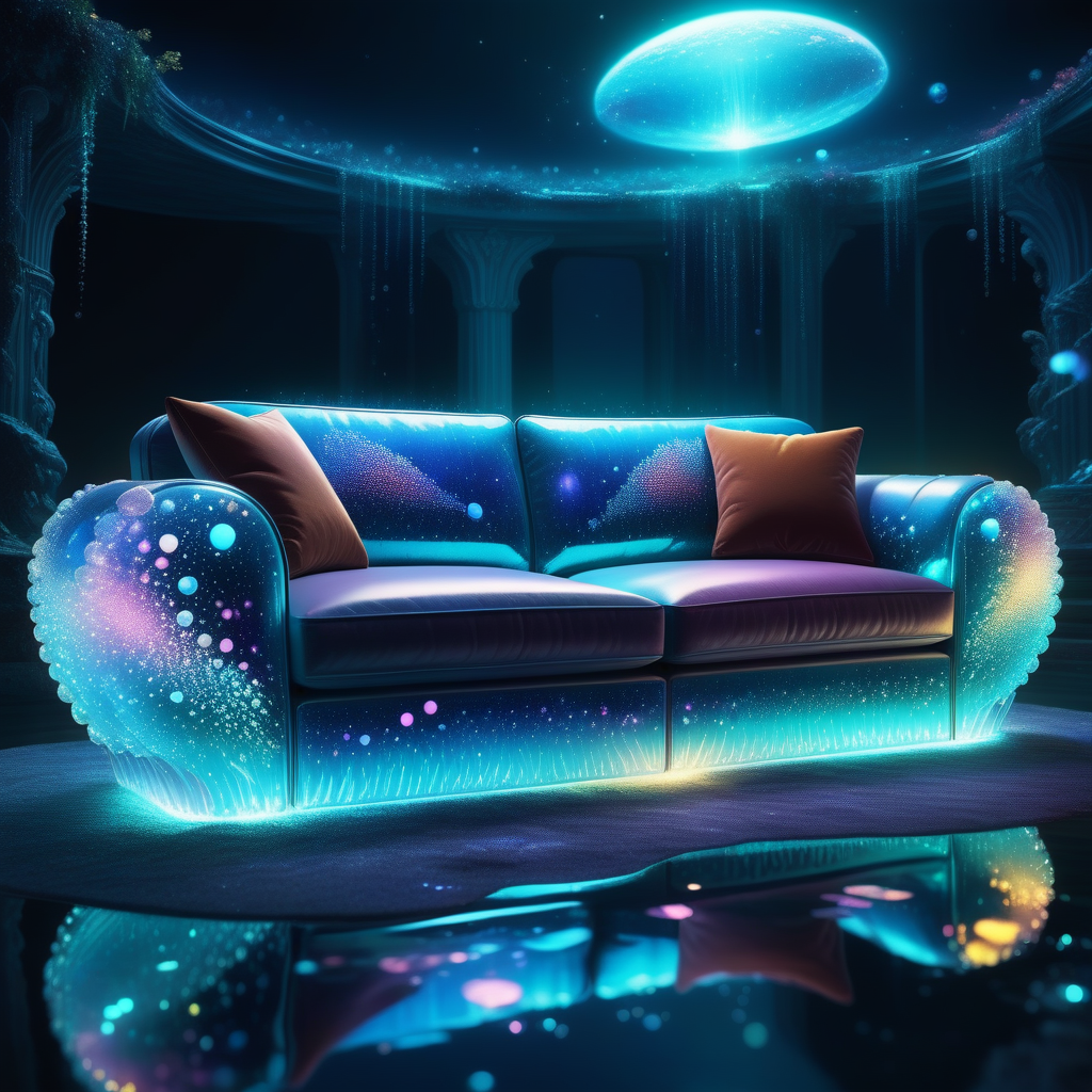 made out of Jed-Bwtrspkl, Concept art, Modular sofa, Wonder, atmospheric perspective, Technicolor, fantasy, <lora:BioWaterSparkleStyle:0.7>, ambient background, beautiful elegant, highly detailed, highly intricate, epic composition, confident, badge, cinematic atmosphere, deep aesthetic, surreal