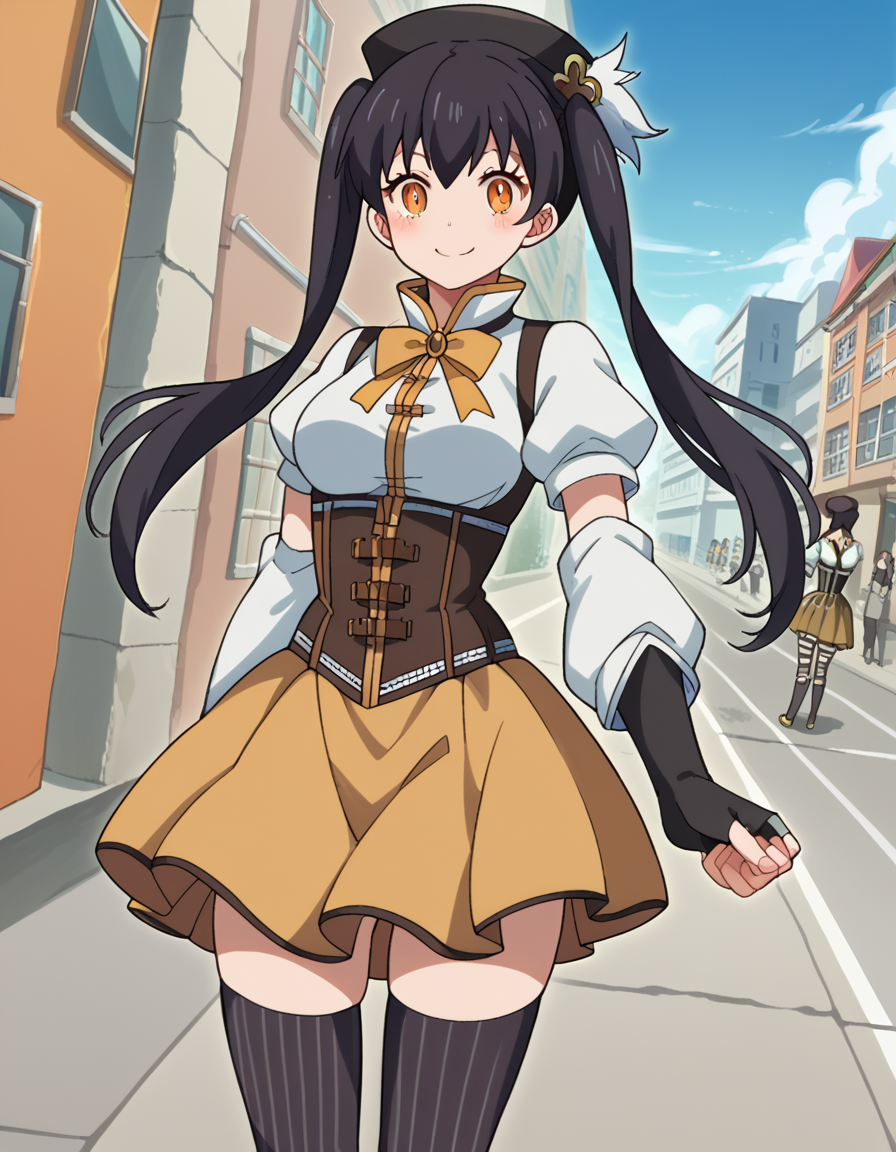 score_9, score_8_up, score_7_up, source_anime, <lora:tamaki-kotatsu-s1s2-ponyxl-lora-nochekaiser:1>, tamaki kotatsu, long hair, bangs, black hair, twintails, medium breasts, yellow eyes, orange eyes,, <lora:mami-tomoe-cosplay-ponyxl-lora-nochekaiser:1>, mamitomoecosplay, tomoe mami (cosplay), black gloves, black headwear, black thighhighs, brown skirt, detached sleeves, fingerless gloves, gloves, magical girl, pleated skirt, puffy short sleeves, short sleeves, skirt, corset, striped clothes, striped thighhighs, white shirt, white sleeves, ribbon,, outdoors, street, smile, blush, , dutch angle, cowboy shot