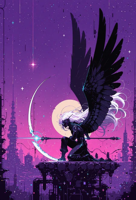 masterpiece, best quality, good quality, newest, highres, absurdres,focused subject,8k,HDR, 1other, solo, very long white hair, kneeling, superhero landing, one knee up, holding weapon, scythe, glowing weapon, monochrome,black wings, moon, shooting star, stars \(sky\), indigo background, feathered wings, silhouette, spotlight,from side, close up,cityscape, tower in background, city lights, (glitch art, dithering,chromatic aberration,pixel art, film grain),dynamic angle,perspective, scenery,fine art,in the style of cknc,wat,flatline,