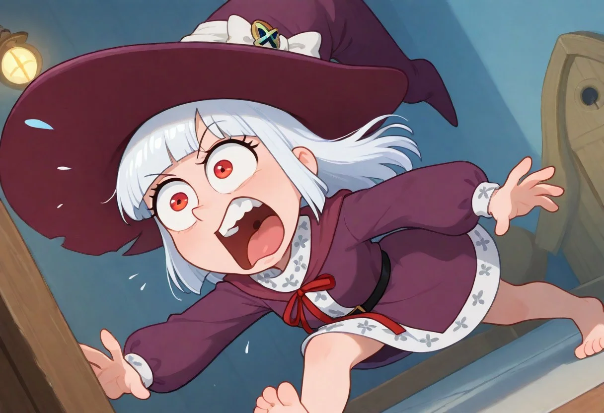 ((dumb_witch, barefoot, uncovered_legs, red_eyes, white_long_hair, hime_cut, witch_clothes, huge_hat, purple_robe, puffy_long_sleeves, white_dress, dress_under_robe, clothes_decorations, red_ribbon, chibi, chibi only, big head, mini person):1.3),
(1girl, solo, ),
((<lora:toon_reaction_eyes_popping_out>, toon reaction, eyes popping out, long eyes, stretched eyes, exaggerated mouth, surprised face):1.3),
(score_9, score_8_up, score_7_up, score_6_up, masterpiece, best quality, newest, amazing quality, highres, enhanced colors, colored shadows, smooth edges, dynamic angle, wide shot, blending)
