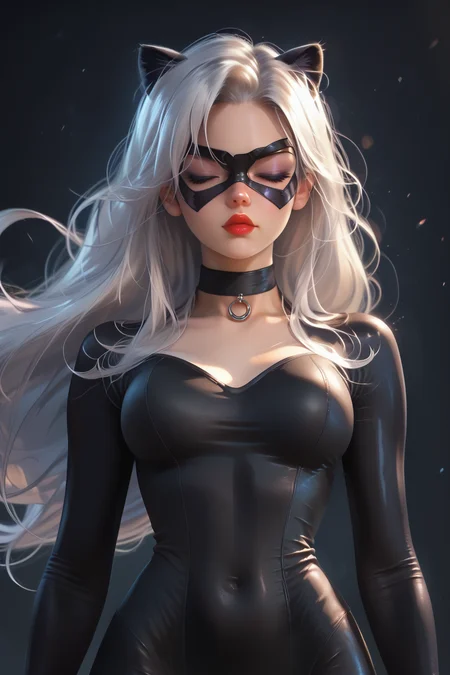 <lora:BlackCatpony10:1>,
score_9,score_8_up,score_7_up,
BlackCat,1girl,solo,long hair,breasts,bodysuit,mask,skin tight,medium breasts,makeup,black bodysuit,3Dmodel,black_cat_\(marvel\),choker,closed eyes,narrow waist,covered navel,very long hair,red lips,wide hips,cowboy shot,lipstick,lips,domino mask,cat ears,black background,