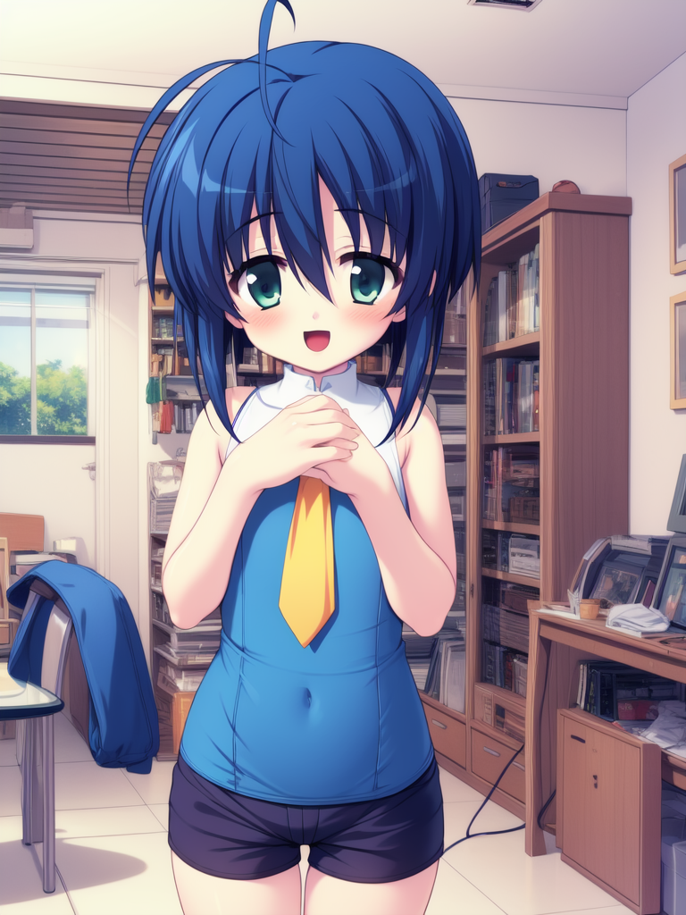<lora:SakuragawaMinato:0.8>,  	SakuragawaMinato, 1boy, solo, shoes, necktie, blue Shorts, socks, blush, swimsuit, mary janes, open mouth, standing, blue Shorts, one-piece swimsuit, white socks, looking at viewer, smile, own hands together, bare shoulders, sleeveless, anime,
masterpiece, high quality, very_high_resolution, large_filesize, full color,