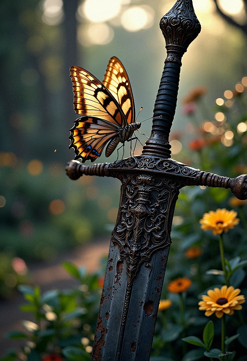 A realistic scene of a small, fragile butterfly perched on the hilt of a massive medieval sword. The butterfly's wings sparkle with iridescence, flapping gently as it hovers in the air, balancing with the huge weapon. The sword is ancient, covered in intricate engravings and partially rusted, which contrasts with the fragility of the butterfly. In the background is a blurred garden with soft sunlight. This contrast of strength and fragility creates a surreal and thought-provoking image. <lora:FluxMythP0rtr4itStyle:0.8> MythP0rt, <lora:aidmaImageUpgrader-FLUX-V0.1:0.33> detailmaximizer, <lora:Sinfully_Stylish_.02_for_FLUX-000002:0.4>