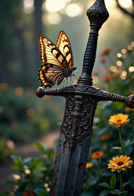 A realistic scene of a small, fragile butterfly perched on the hilt of a massive medieval sword. The butterfly's wings sparkle with iridescence, flapping gently as it hovers in the air, balancing with the huge weapon. The sword is ancient, covered in intricate engravings and partially rusted, which contrasts with the fragility of the butterfly. In the background is a blurred garden with soft sunlight. This contrast of strength and fragility creates a surreal and thought-provoking image. <lora:FluxMythP0rtr4itStyle:0.8> MythP0rt, <lora:aidmaImageUpgrader-FLUX-V0.1:0.33> detailmaximizer, <lora:Sinfully_Stylish_.02_for_FLUX-000002:0.4>