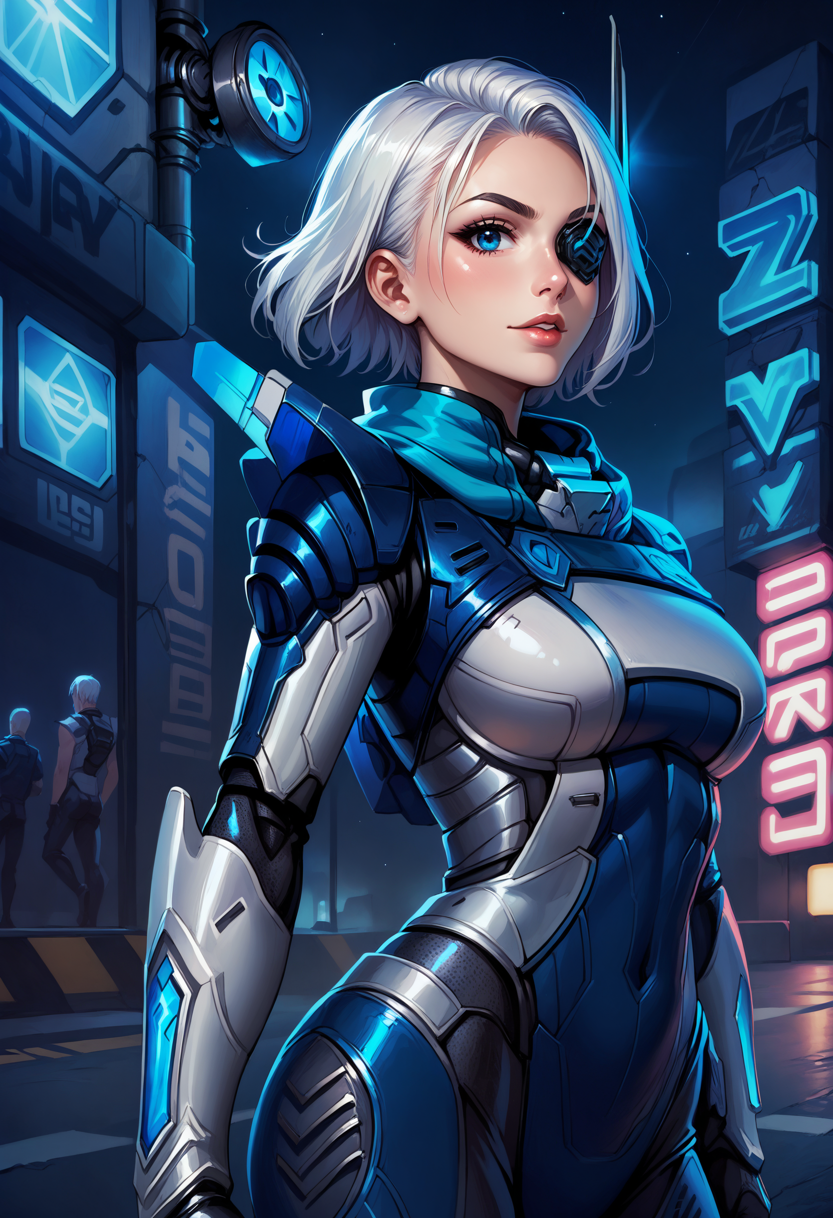 score_9, score_8_up, score_7_up, (masterpiece, best quality), 
1girl, solo, project ashe,  mechanical wings,
bodysuit, skin tight, power armor, gauntlets, gloves, shoulder armor, 
white hair, short hair, bangs, blue eye, eyepatch,
looking at viewer, standing, futuristic, blue cyber, blue neon trim, blue neon lights, night, close-up,